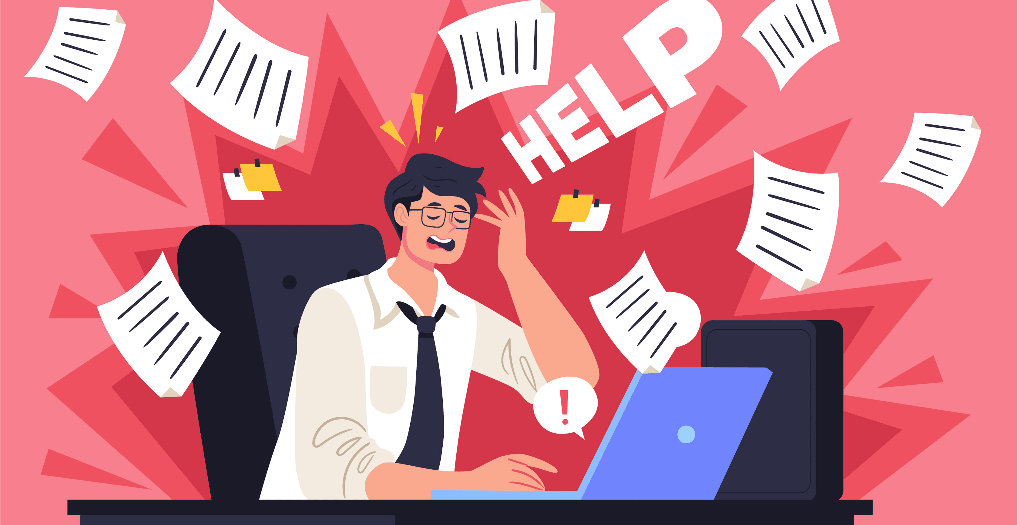 An image of an Employee being frustrated with his office works